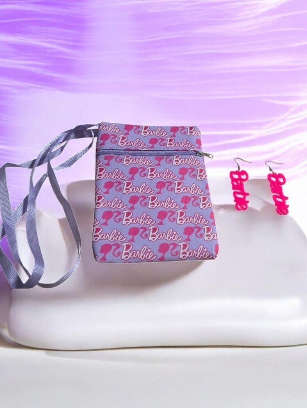 Barbie Pink & Lavender Logo Crossbody with Hot Pink Script Earrings